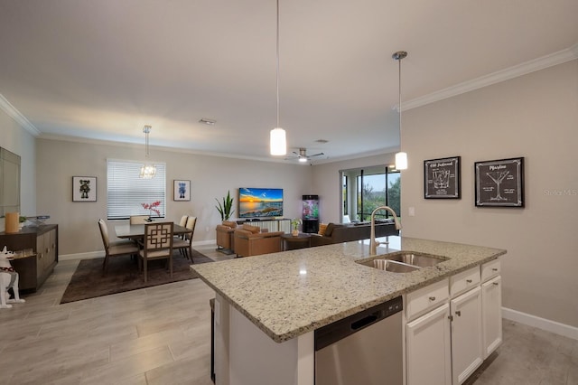 kitchen featuring white cabinets, a kitchen island with sink, sink, pendant lighting, and dishwasher