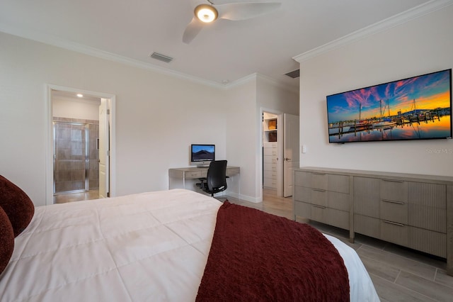 bedroom featuring ensuite bathroom, ceiling fan, and ornamental molding