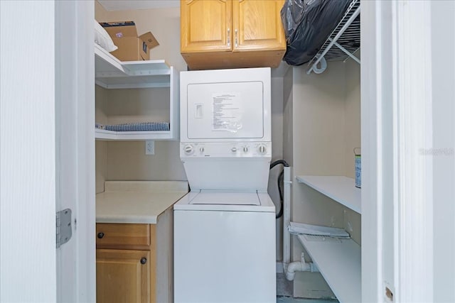 laundry area featuring cabinets and stacked washer and clothes dryer