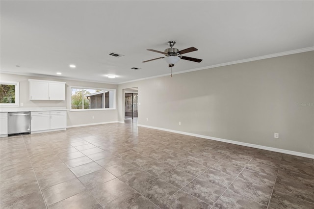 unfurnished living room featuring ceiling fan and crown molding