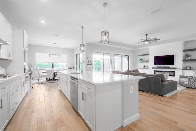 kitchen with appliances with stainless steel finishes, white cabinetry, sink, and a kitchen island with sink