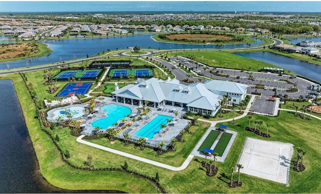 drone / aerial view with a water view