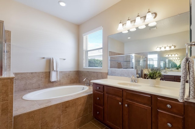 full bath featuring visible vents, a stall shower, vanity, and a bath