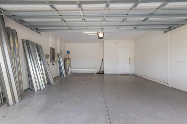 garage with electric panel, electric water heater, and a garage door opener