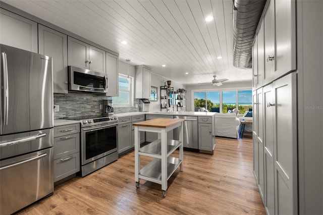 kitchen featuring wood ceiling, kitchen peninsula, gray cabinets, stainless steel appliances, and light hardwood / wood-style flooring