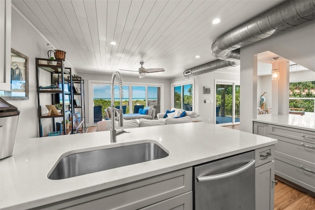 kitchen featuring wooden ceiling, gray cabinetry, dishwasher, and sink