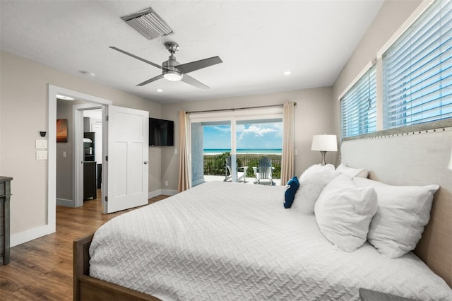 bedroom with ceiling fan, hardwood / wood-style flooring, and access to outside