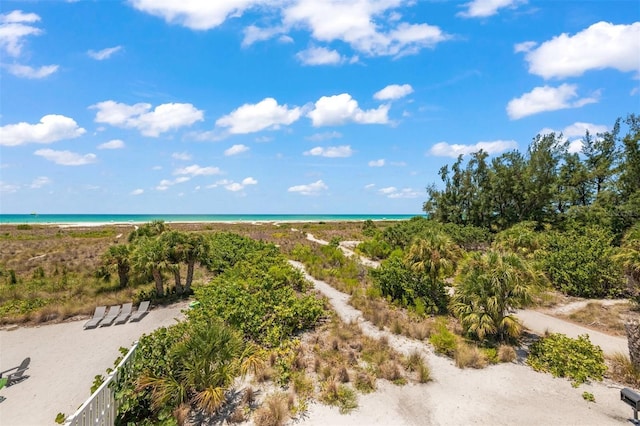 aerial view with a water view and a view of the beach