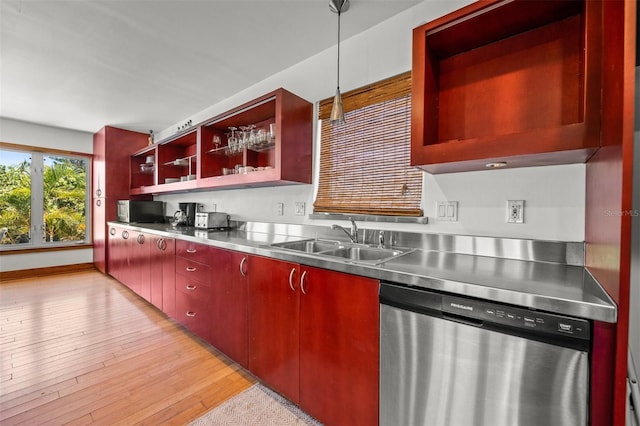 kitchen with stainless steel counters, pendant lighting, sink, light hardwood / wood-style flooring, and appliances with stainless steel finishes