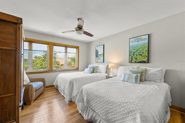 bedroom featuring ceiling fan and light hardwood / wood-style flooring