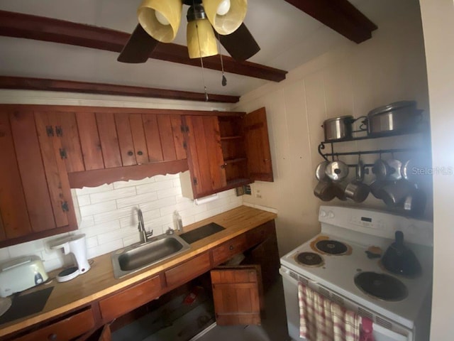 kitchen featuring white range with electric cooktop, sink, ceiling fan, decorative backsplash, and beam ceiling