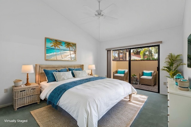 bedroom with lofted ceiling, ceiling fan, carpet flooring, baseboards, and access to outside