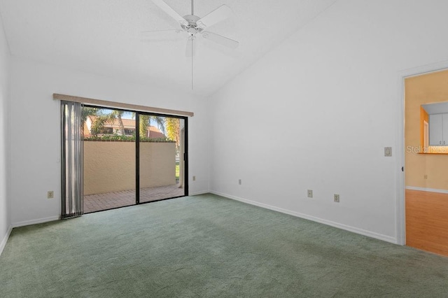 unfurnished room featuring baseboards, carpet, high vaulted ceiling, and a ceiling fan