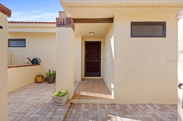 entrance to property with a patio and stucco siding