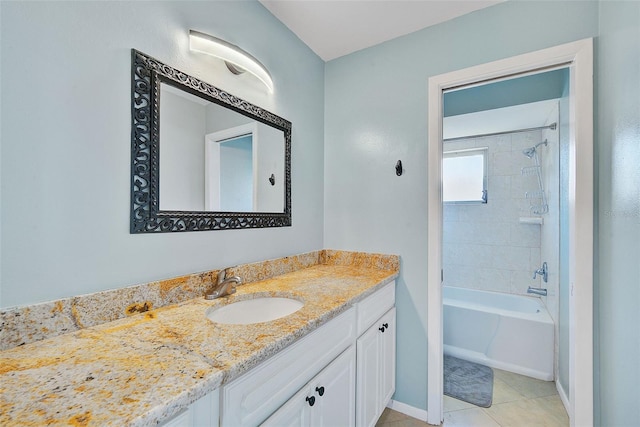 bathroom with tile patterned floors, vanity, and tiled shower / bath combo