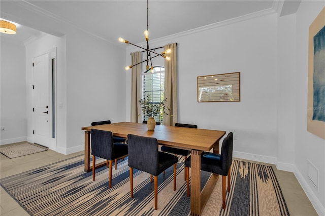 dining space featuring a chandelier, light tile patterned floors, and ornamental molding