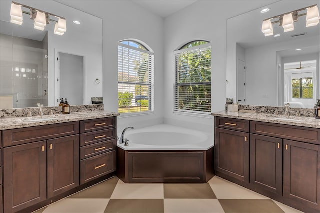 bathroom with separate shower and tub and vanity