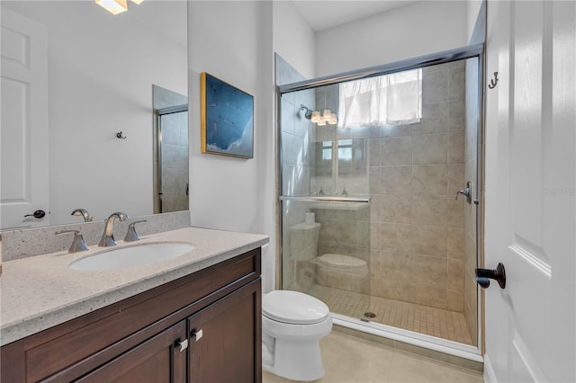 bathroom with tile patterned floors, walk in shower, and toilet