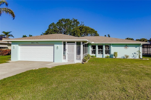 ranch-style home with a garage, a front lawn, and a sunroom