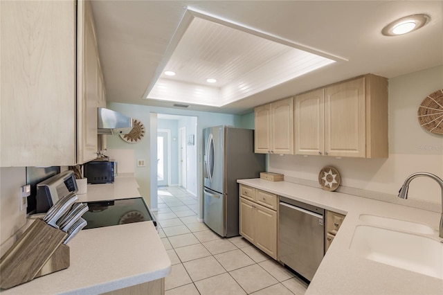 kitchen with range hood, a raised ceiling, sink, light tile patterned floors, and stainless steel appliances