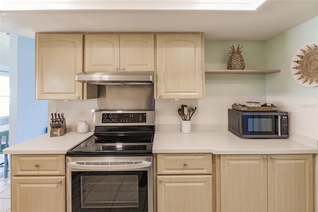 kitchen featuring stainless steel range with electric stovetop and light brown cabinetry