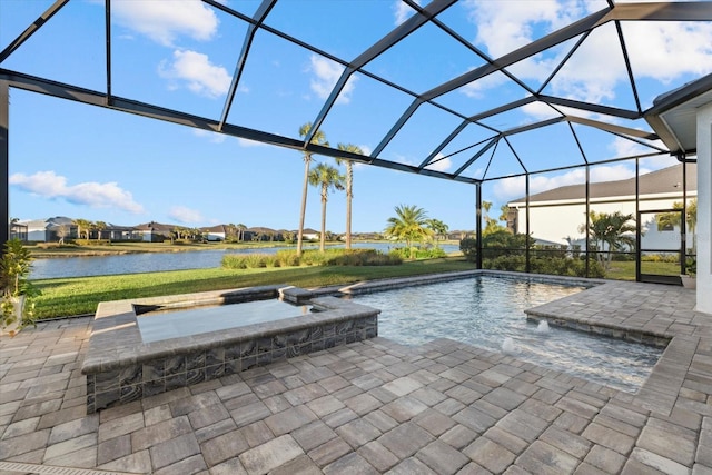 view of pool featuring a lanai, an in ground hot tub, a water view, and a patio