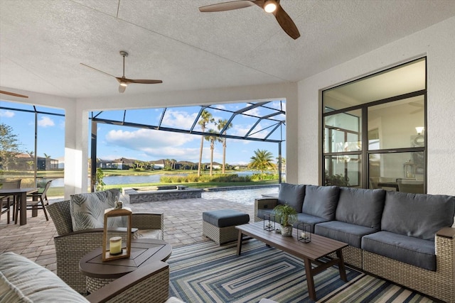 sunroom with a water view