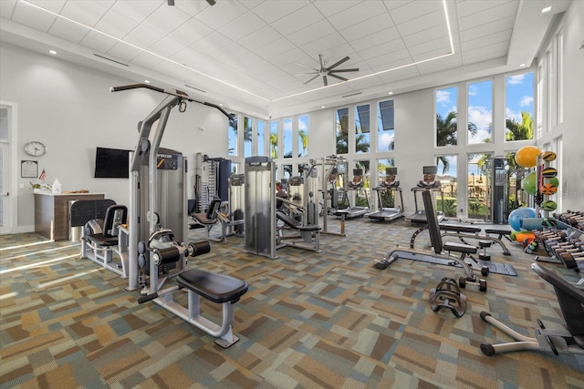 gym featuring ceiling fan, a towering ceiling, and carpet