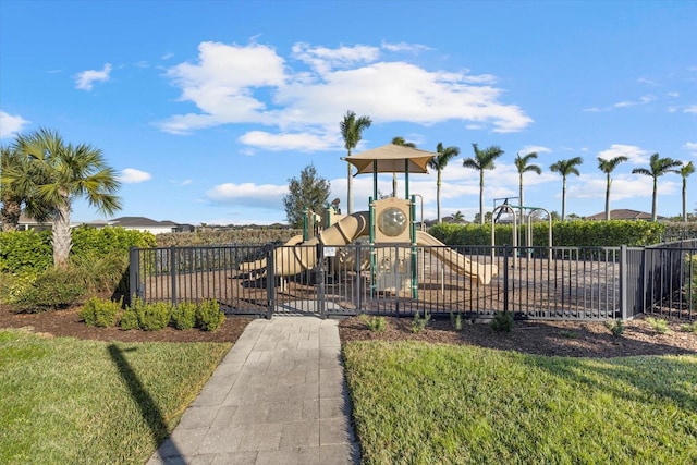 view of playground featuring a lawn