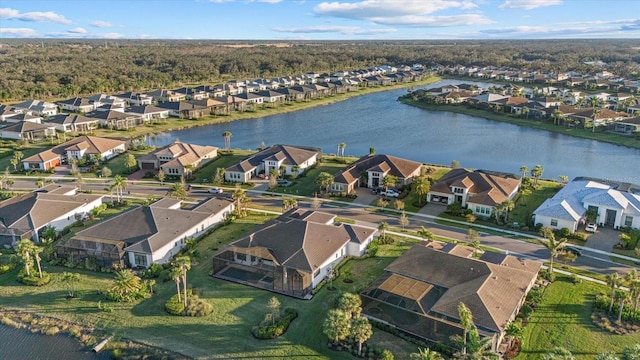 drone / aerial view featuring a water view