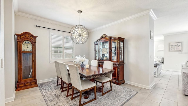 tiled dining area with ornamental molding and an inviting chandelier