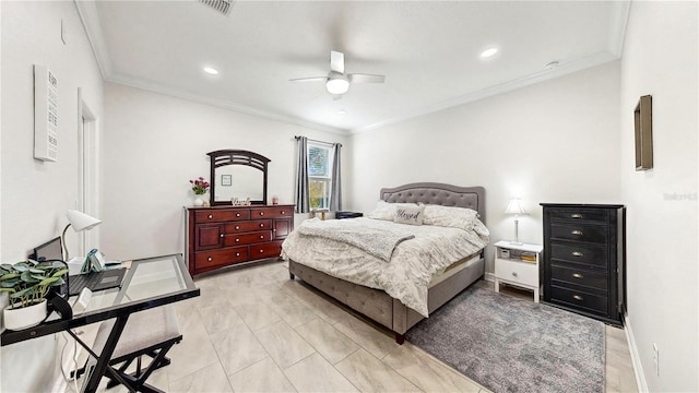 bedroom featuring ceiling fan and crown molding