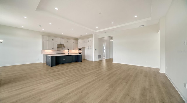 interior space with a raised ceiling and light hardwood / wood-style flooring