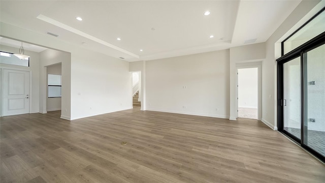 spare room with a raised ceiling, light hardwood / wood-style flooring, and a wealth of natural light