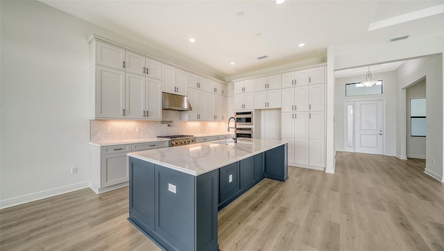 kitchen featuring a spacious island, light hardwood / wood-style floors, and white cabinetry