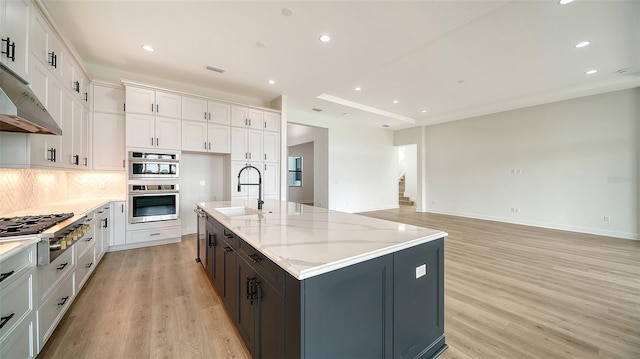 kitchen featuring sink, white cabinetry, and a kitchen island with sink