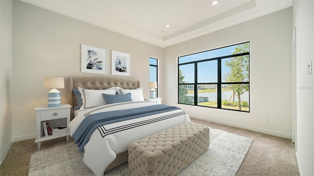 carpeted bedroom featuring multiple windows and a tray ceiling