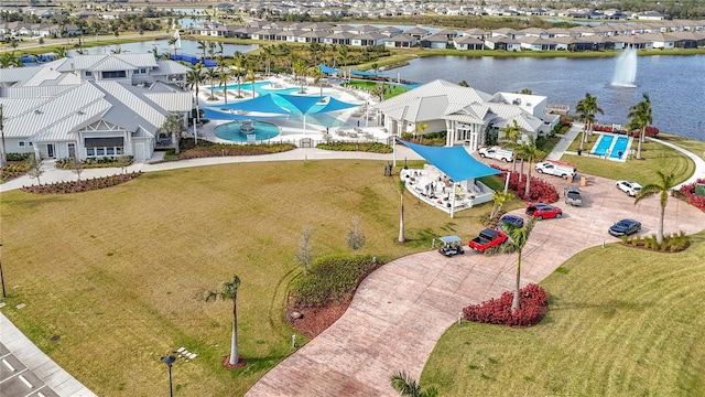 bird's eye view with a water view