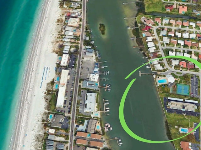 bird's eye view with a view of the beach and a water view