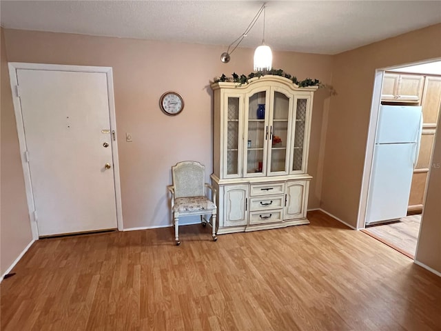 unfurnished dining area with light hardwood / wood-style floors and a textured ceiling