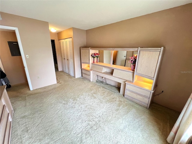 interior space featuring light carpet, electric panel, and a closet