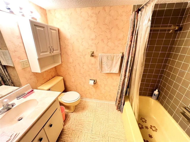 full bathroom with vanity, a textured ceiling, toilet, and shower / bathtub combination with curtain