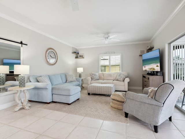 tiled living room with a barn door, ceiling fan, and crown molding