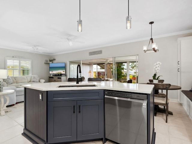 kitchen with gray cabinetry, dishwasher, sink, hanging light fixtures, and a kitchen island with sink