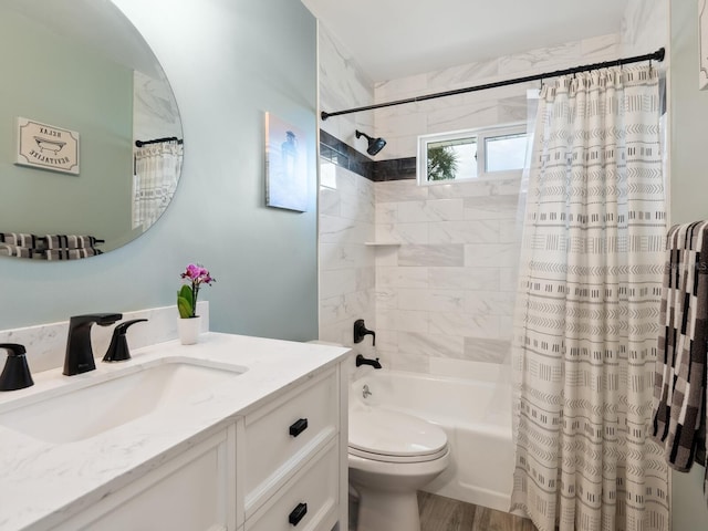 full bathroom with shower / bath combination with curtain, vanity, hardwood / wood-style flooring, and toilet