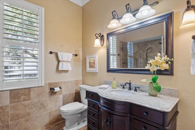 bathroom featuring walk in shower, vanity, and toilet