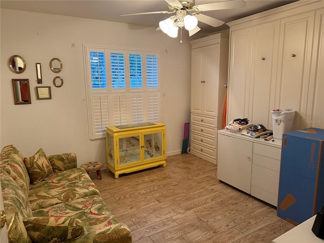 bedroom featuring ceiling fan and light hardwood / wood-style flooring