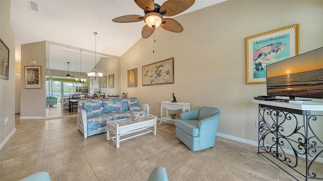 living room with high vaulted ceiling and ceiling fan with notable chandelier