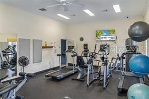 workout area featuring ceiling fan