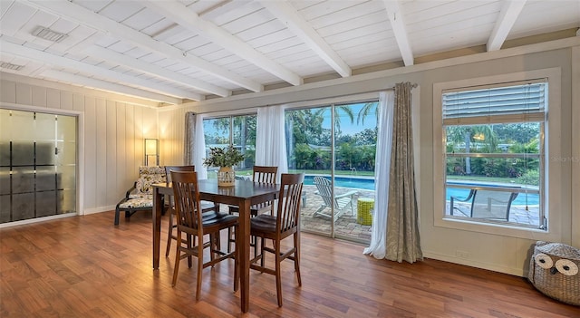 dining area featuring wood ceiling, wood finished floors, beam ceiling, and baseboards